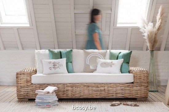 Jline Sofa Cojin 3 Personas Rattan Textil Natural Blanco.