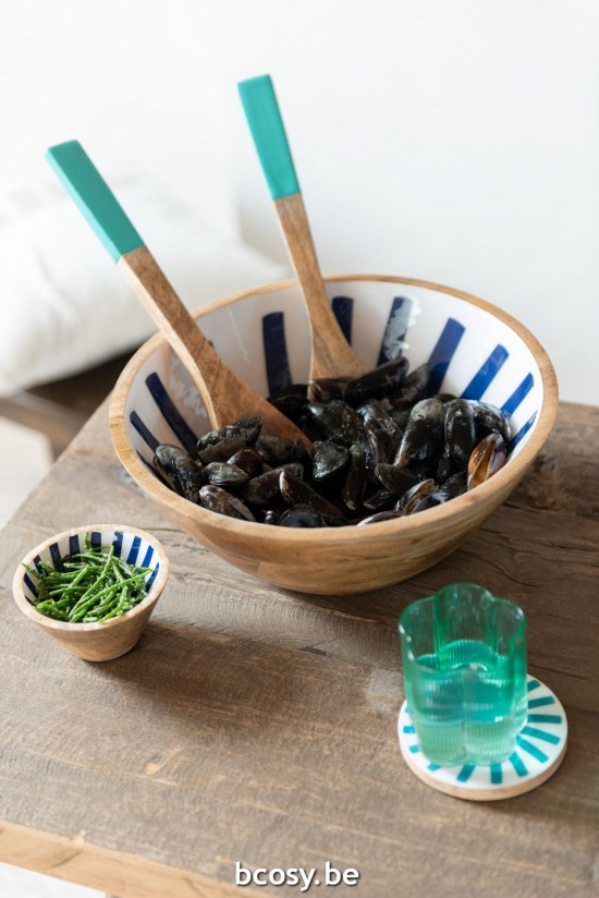 Jline Juego De 4 Posavasos Rayas Madera Mango Azul Blanco Surtido De 2.