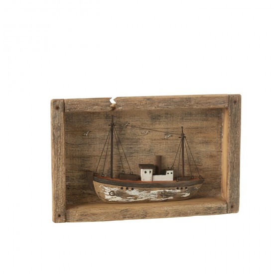 J Line bateaux statuettes Jolipa Bateau Dans Cadre Bois De Paulownia Naturel Blanc.