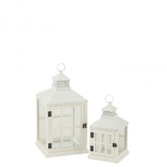 Jline Set Van Twee Lantaarns Huizen Sparhout Metaal Wit.