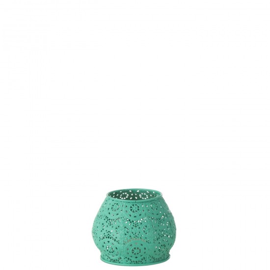 Jline Theelichthouder Cylinder Metaal Glas Cyaan Small.