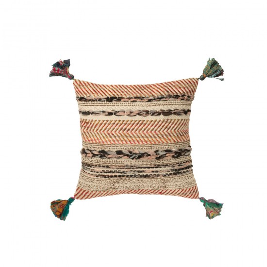 J Line coussins Jolipa Coussin Carré Motif Tressé Chindi Floches Coton Crème Marron.