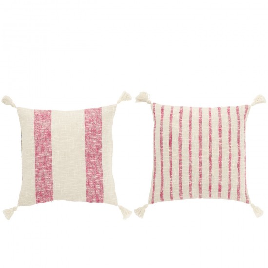 J Line coussins Jolipa Coussin Carré Lignes Floches Coton Blanc Rose Assortiment De 2.