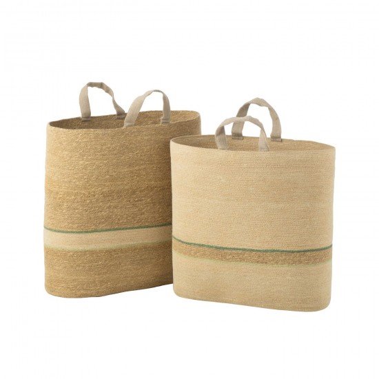 J Line paniers de rangement Jolipa Set De 2 Panier Rayures Anse Naturel Vert.