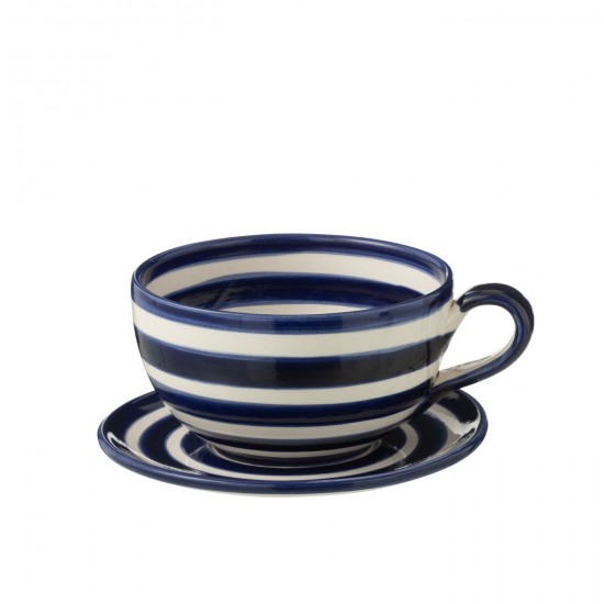 J Line série de vaisselle Jolipa Cup Plate Granada Stripes Ceramic White Cobalto Blue.