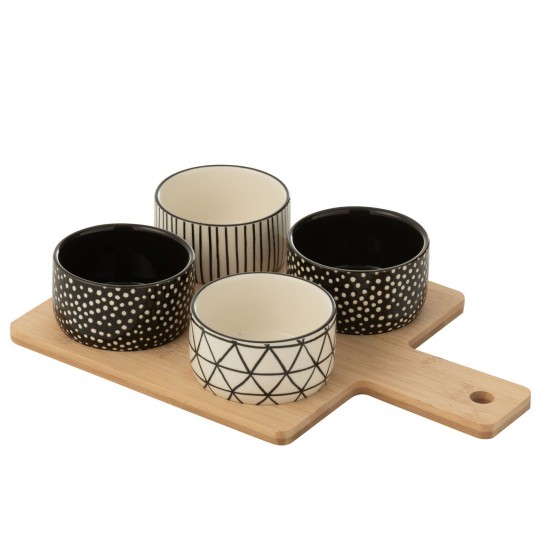 J Line assiettes de mise en bouche Jolipa Service A Tapas 4 Sets Plateau Bambou Boite Noir Blanc.