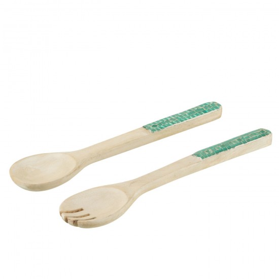 J Line couverts Jolipa Set 2 Couvert A Salade Mosaique Long Bois De Manguier Vert.