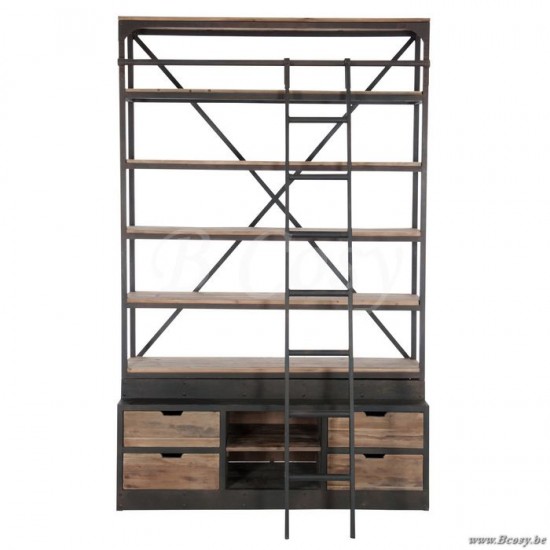 Etagère murale campagnard J Line armoires bibliotheques étagères à livres Jolipa Jline Etagere Echelle 4 Planches Bois Metal Naturel Marron 160X45X243Cm