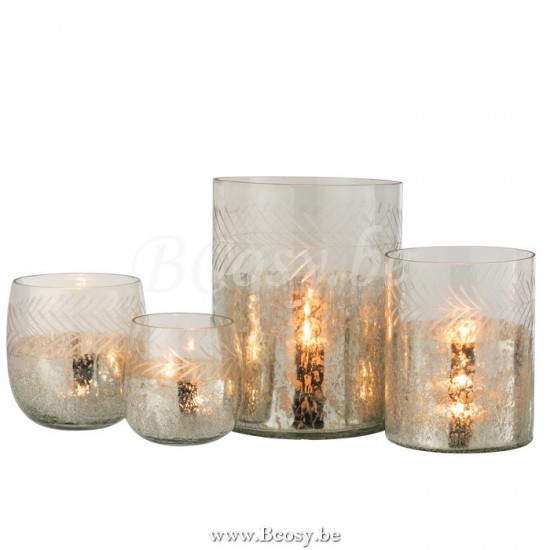 J Line Jline Portacandele Classico Screpolato Vetro Trasparente Argento Large Fotosforo Clasico Agrietado Cristal Transparente Plata Large