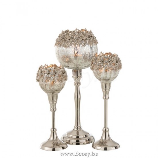 J Line Jline Tealight Holder On Foot Jewel Metal Aluminium Glass Silver Large tea lights holders