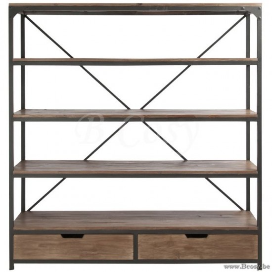 Grande étagère industrielle 2 tiroirs 3 niveaux bois et métal brut armoires etageres rayons ouvertes Jolipa Jline Etagere 2 Tiroirs Bois Metal Marron Noir