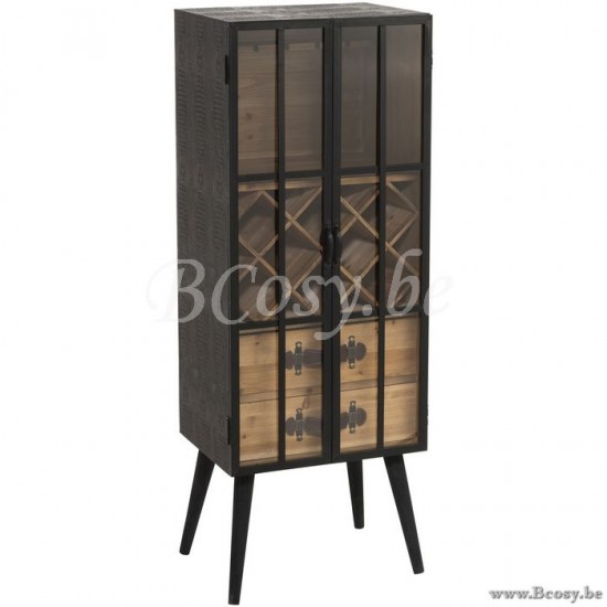 J Line 90230 Zwarte BARKAST 2 LADES Hout Glas Zwart 50 barmeubelen