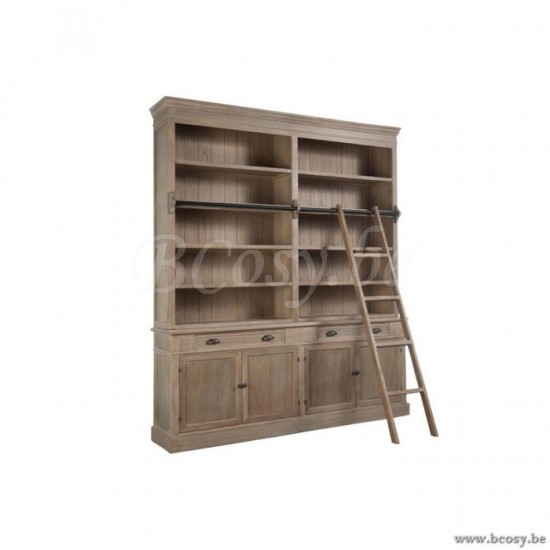 J Line Bibliotheekkast landelijke stijl met ladder en zwart stalen baar 4 deuren en 4 lades 200 boekenkasten bibliotheek bibli JO9461.