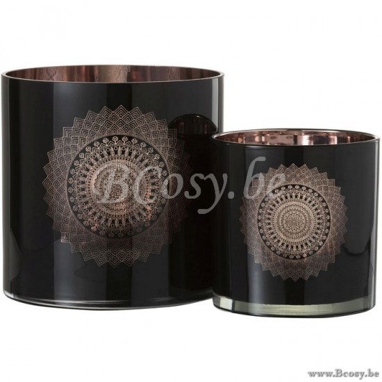 J Line Jline Windlicht Boho Glas Zwart Koper Large