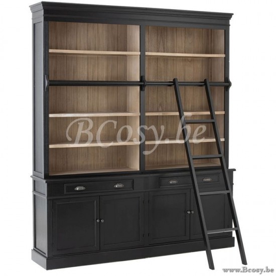 Jline zwarte boekenkast bibliotheekkast met ladder