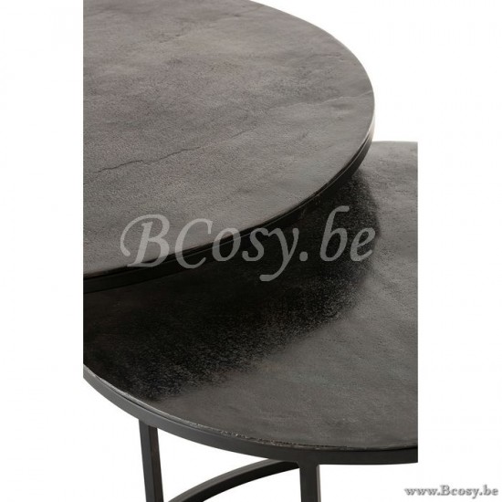 J Line Jline Set 3 Bijzettafels Rond Oxidize Aluminium Ijzer Antiek Zwart Groen