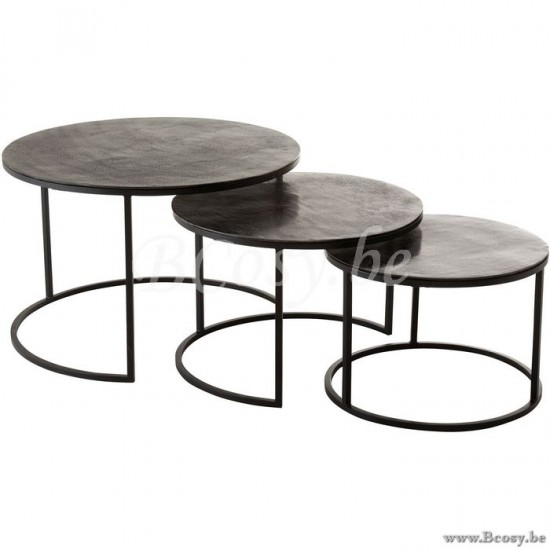 J Line 97000 Set van 3 ronde Bijzettafels Rond Oxidize Aluminium Ijzer Antiek Zwart Groen Ø80 salontafels bijzettafels koffietafels