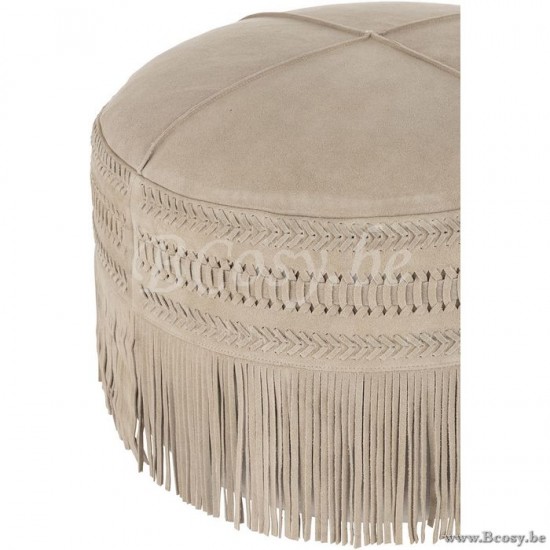 poufs Jolipa Jline Pouf Franges Rond Cuir Gris Clair