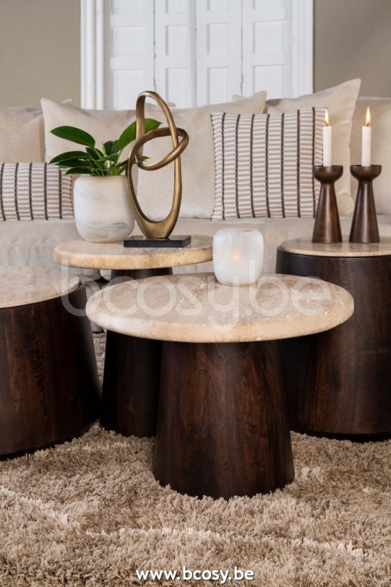 Lifestyle94 Home collection UTAH COFFEE TABLE TRAVERTINE Ø60xH43 BASE WALNUT