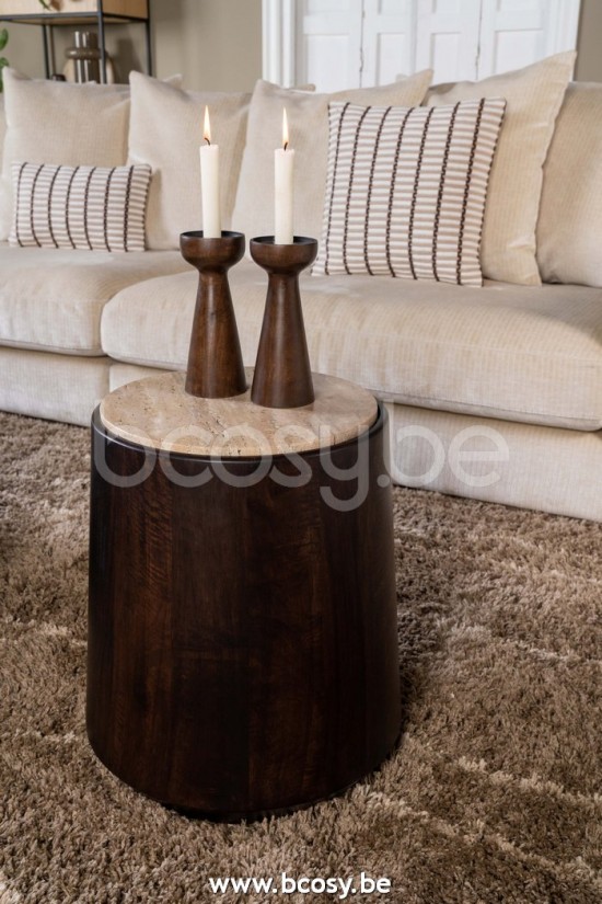 Lifestyle94 Home collection IOWA COFFEE TABLE TRAVERTINE Ø45xH50 BASE WALNUT