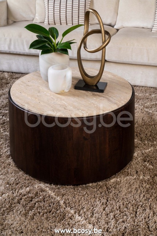 Lifestyle94 Home collection IOWA COFFEE TABLE TRAVERTINE Ø75xH41 BASE WALNUT