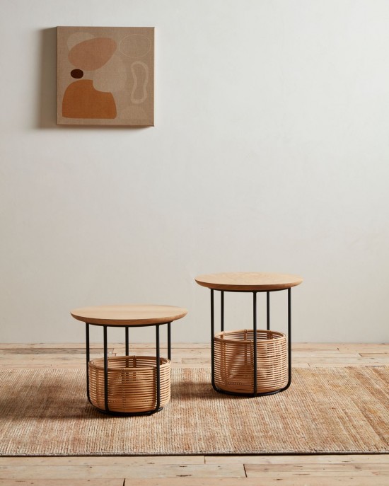 Vincent Sheppard Vivi nested side tables sidetables Black Steel frame Medium Natural Rattan.