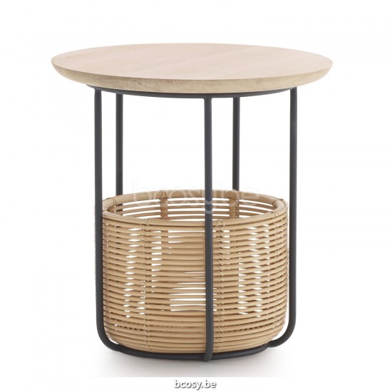 Vincent Sheppard Vivi Mand Bijzettafel Medium Zwart Stalen frame Naturel Rotan Natuur eiken Tafelblad.