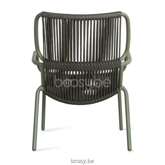 Vincent Sheppard Ribbon Lounge Stuhl Rahmen aus Moos Aluminium Dunkelgrün Seil Polypropylen.