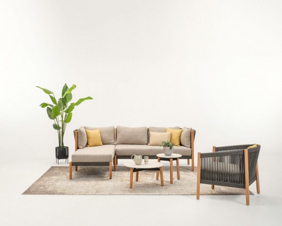 Vincent Sheppard Lento Modulaire Lounge hoekelementen Onbehandeld teakhout frame Antraciet-Steenkool Touw Polypropyleen.