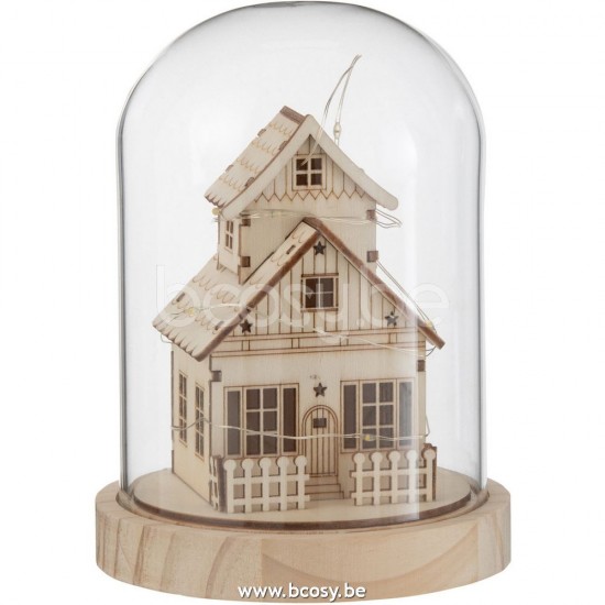 J Line Jline Glocke Winter Led Haus Holz Glas Naturell glasglocken