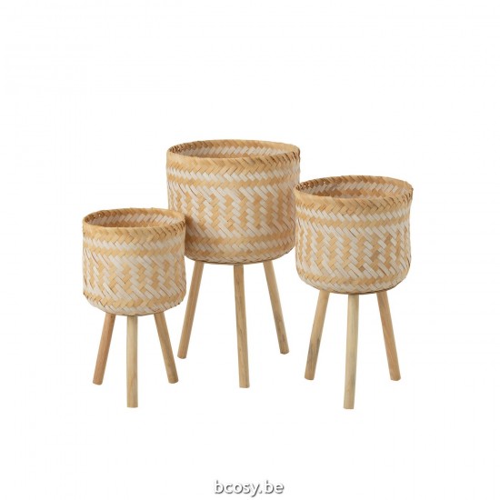 J Line Set 3 Cesti Motivo 3 Piedi Bambu Naturale Bianco Set Of 3 Basket Patterns 3 Legs Bamboo Natural White.
