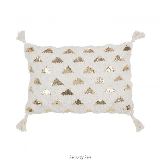 J Line Cushion Tufted Tassels Cotton Sequin White Gold cushion.