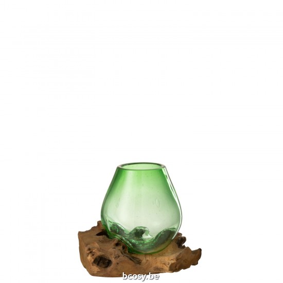 J Line vases Jolipa Vase Sur Pied Gamal Bois Verre Recyclé Naturel Vert Medium.