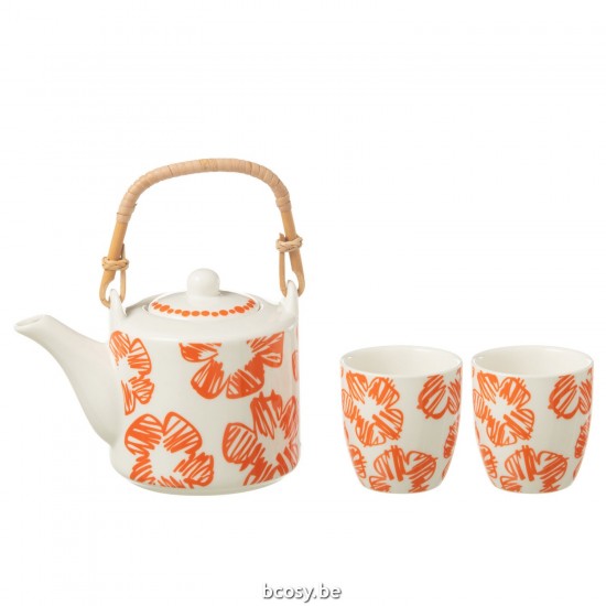 Jline Set 3 Theepotten Set Bloemen Doos Keramiek Oranje.