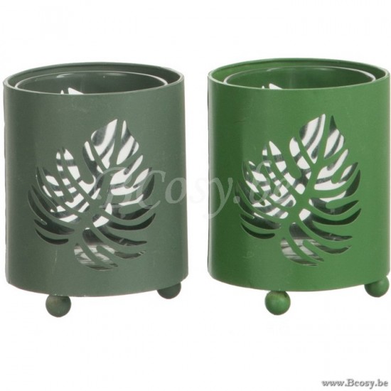 J Line Jline T Lichthouder Blad Rond Metaal Groen Assortiment Van 2