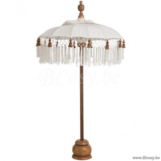 J Line Jline Ombrellone Piede Pompon Cotone Legno Bianco Marrone Small Parasol Foot Tassel Cotton Wood White Brown Small