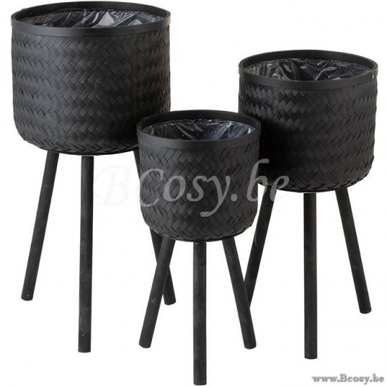 J Line Jline Set 3 Bloempothouders 3 Poten Bamboe Plastic Zwart