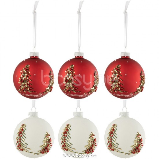 boules de noel Jolipa J Line Jline Boite 6 Boules De Noel Sapin De Noel Paillettes Verre Blanc Rouge Small