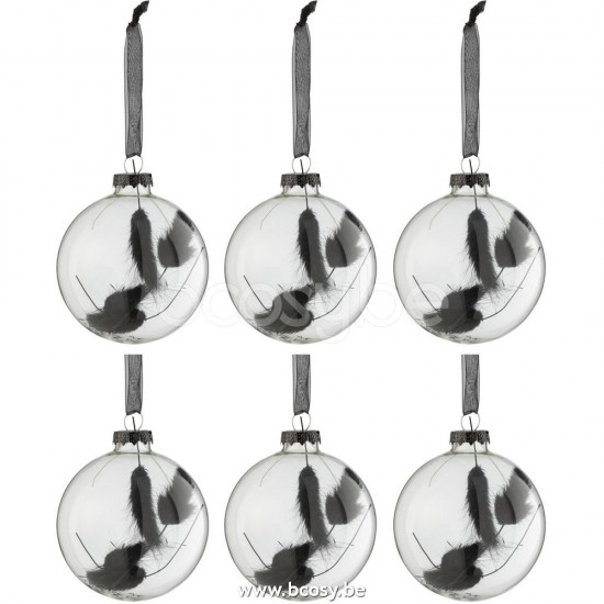boules de noel Jolipa J Line Jline Boite 6 Boules De Noel Rond Fleur Sechee Noir Verre Transparent Small