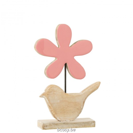 J Line Bird With Flower Wood Pink Large Animals.