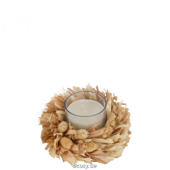 J Line Candela Fiori Rotonda Vetro Bianco Naturale Candle Flowers Round Glass White Natural 24H.