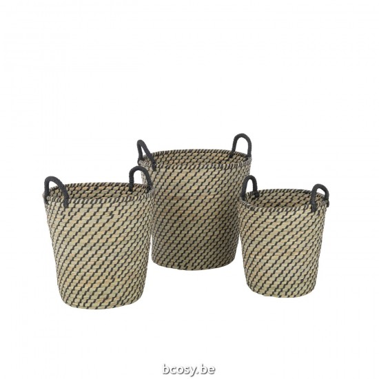 J Line paniers de rangement Jolipa Set 3 Paniers Rond Anses Paille Naturel Noir.