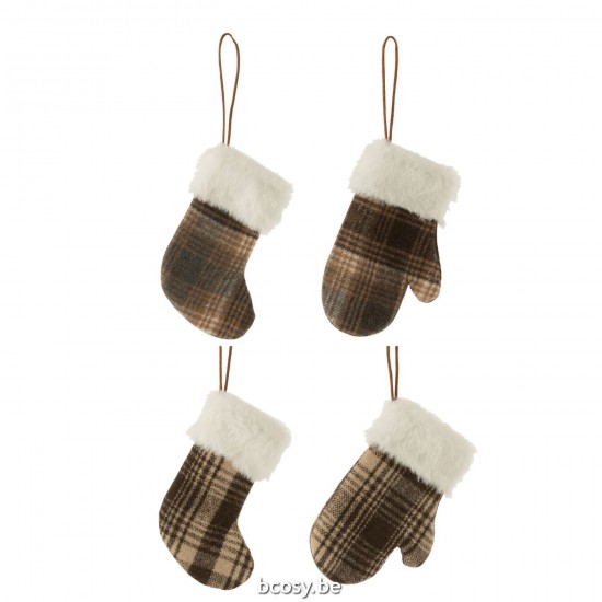J Line boules de noel Jolipa Suspension Gant Chaussette Carreaux Textile Marron Beige Assortiment De 4.