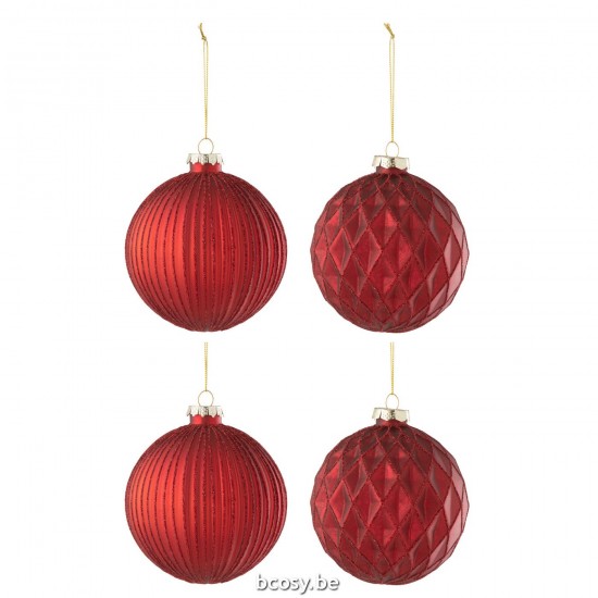 J Line boules de noel Jolipa Boite De 4 Boule De Noel 2 2 Stries Losanges Verre Rouge Large.