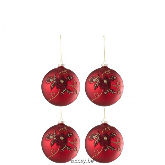 J Line boules de noel Jolipa Boite De 4 Boule De Noel Fleur Verre Rouge Small.