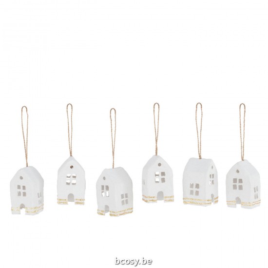 J Line boules de noel Jolipa Boite 6 Suspensions Maison Coton Maché Blanc Or.