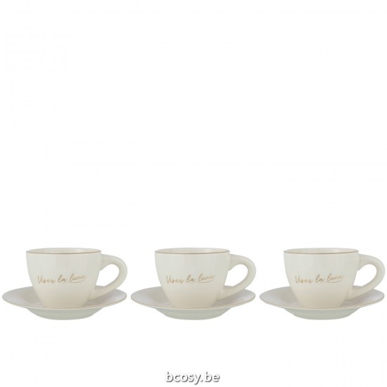 J Line série de vaisselle Jolipa Boite 3 Tasse Soucoupe Porcelaine Viser La Lune Blanc Or.