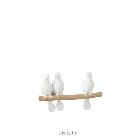 J Line 3 Birds On Branch Polyresin White Natural birds on base.