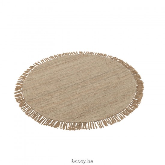 J Line Rug Round Fringes Semi Plain Weaving Wool Beige Small carpets.