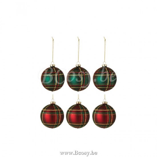 J Line Jline Doos Van 6 Kerstballen Geruit Glas 3Rood 3Groen Small